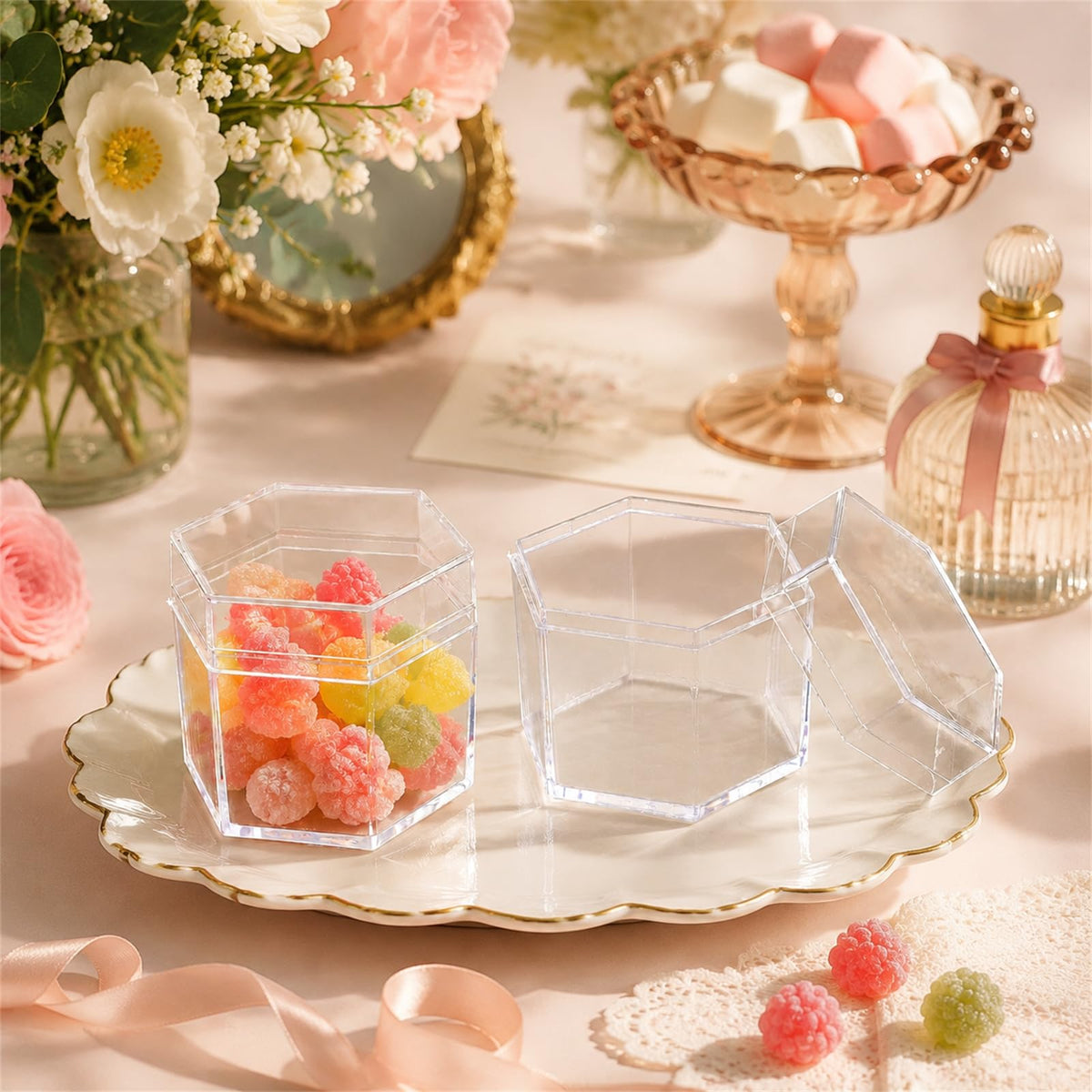 Okllen 36 Pcs Plastic Small Acrylic Box with Lid, Hexagon Clear Candy Boxes Wedding Favor Boxes