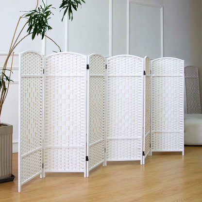 Furnnylane 6 Panel White Rattan Divider Short Room Partition Screen,Double Sided Short Folding Divider for Room Separation,120 cm Tall