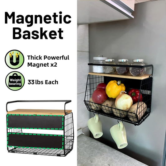 OMISHINE 2 Set Magnetic Shelf, Fruit Baskets for Kitchens, Spice Rack Fruit Bowls 2 in 1 Onions and Potatoes Storage, Vegetable Organiser, Magnetic