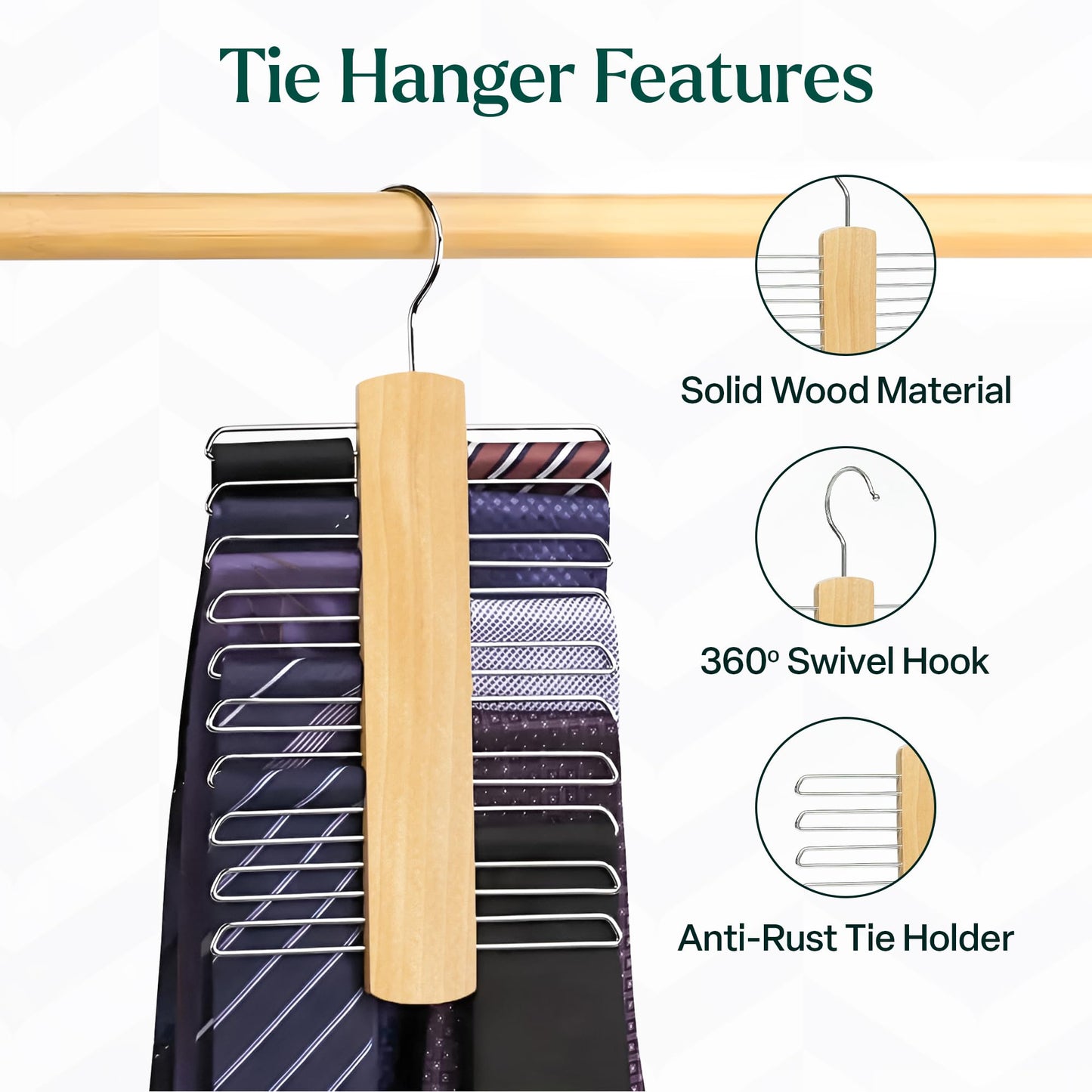 Tie Hanger Wooden Hangers Wardrobe Tie Organiser - Stylish Hanging Storage Rack With 20 Chrome Bars With Swivel Hook for Tie, Belt