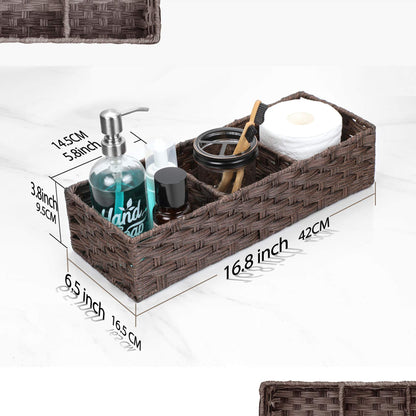 [Larger Compartments] Toilet Tank Topper Paper Basket - Multiuse Hand Woven Plastic Wicker Basket with Divider for Organizing