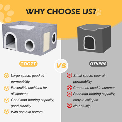 GDGZT Cat Bed for Indoor Cats, Foldable Cat House with Cube Cat Beds- Large Soft Cat Cave Bed with Cat Scratching Board, Covered Cat Hideaway for Cat