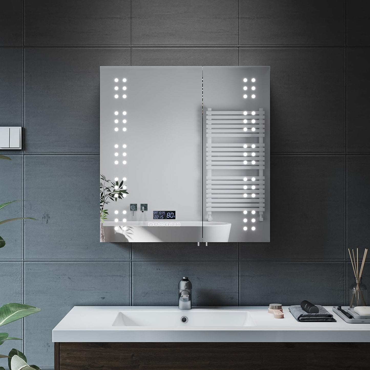 ELEGANT Illuminated Bathroom Mirror Cabinet with Bluetooth Speaker Stainless Steel 2 Door 630 x 650mm Shaver Socket Bathroom Wall Cabinets with