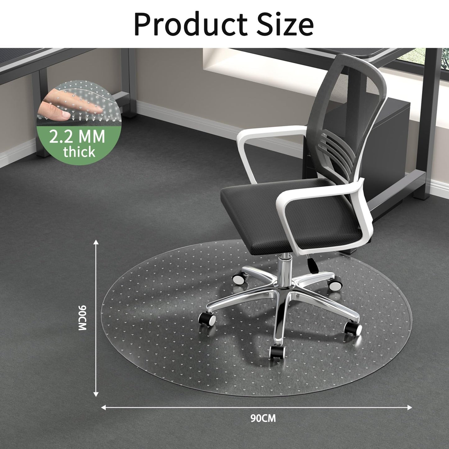 WASJOYE Office Chair Mat for Carpet, 90x90 cm Round Floor Protectors Mats, PVC Carpet Protector Mat with Non-Slip Studded