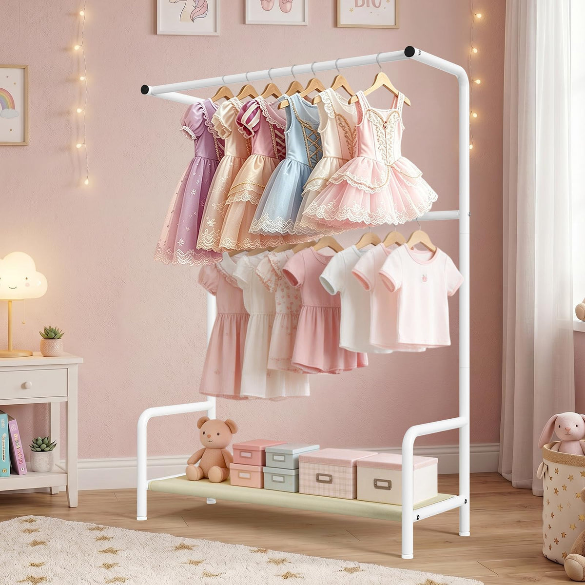 KEEGH Double Rod Kids Clothes Rail with Storage Shelf for Bedroom Playroom