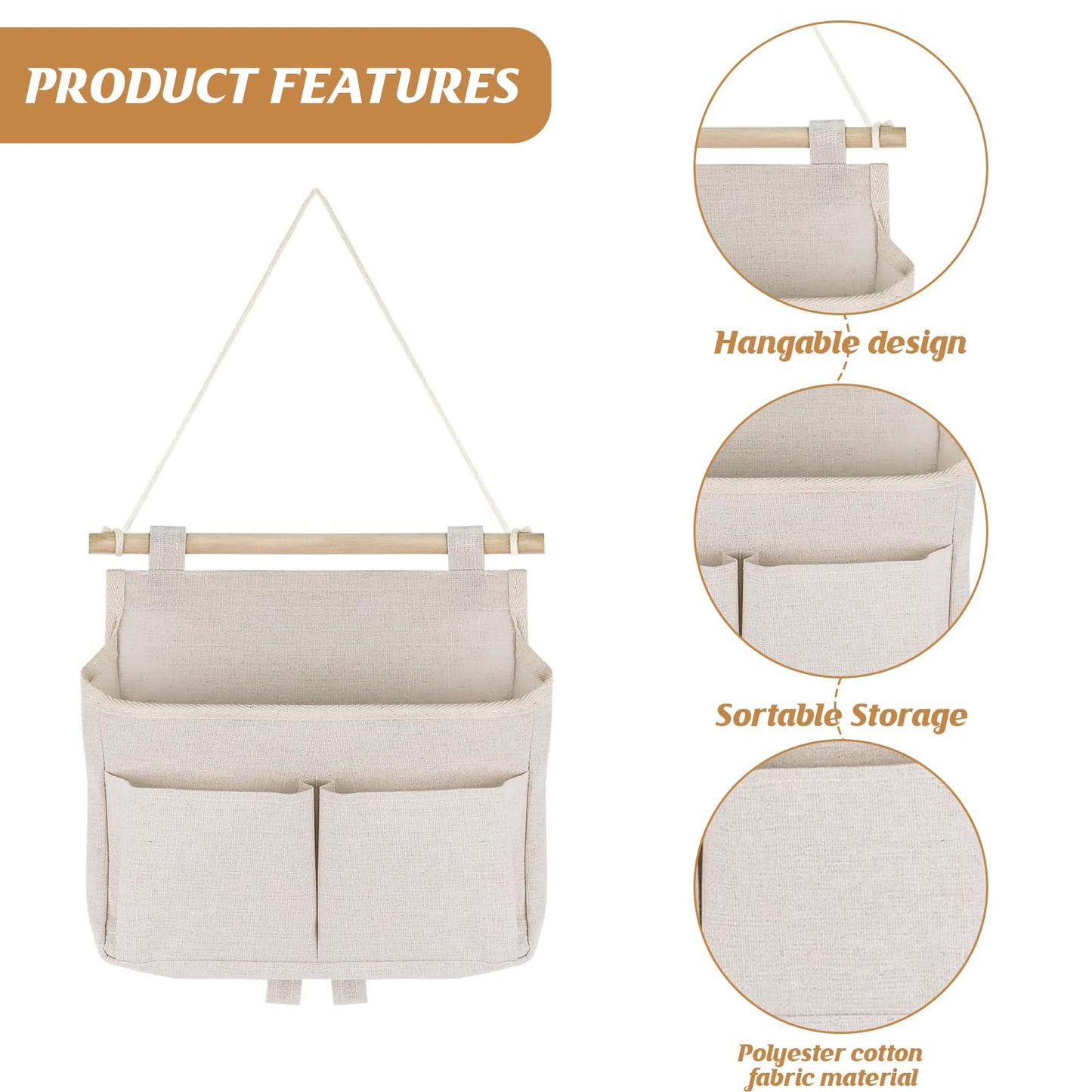 XoeLLe 2 Pcs Wall Hanging Storage Bags, Hanging Storage Organiser, Waterproof Hanging Shelves, Linen Cotton Bedside Storage, with 3 Pockets
