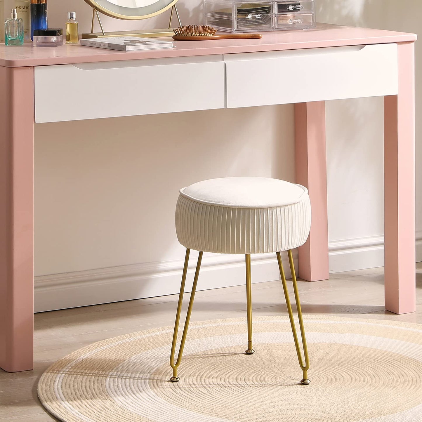 IBUYKE Makeup Vanity Stool, Velvet Round Footrest Ottoman, White L/G-30M