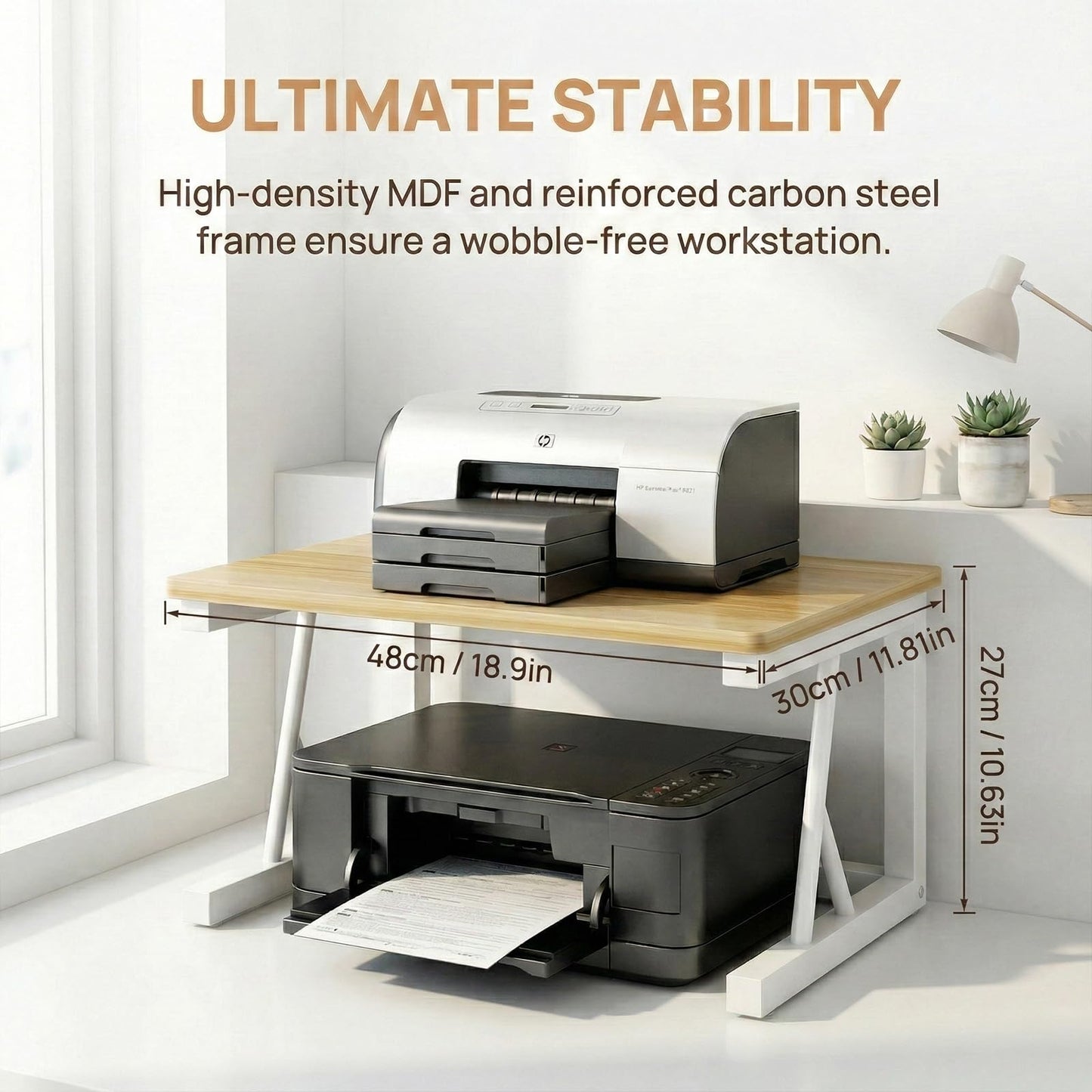 Metal Wood Printer Stand for Desk,2 Tier Desktop Printer Table,48x30x27cm