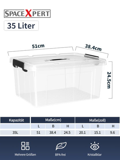 SpaceXpert Storage Boxes with Lid 35L, Plastic Storage Box with Handle, Stackable Container for Home Office Garage Accessories, Hand-Carryable Bin