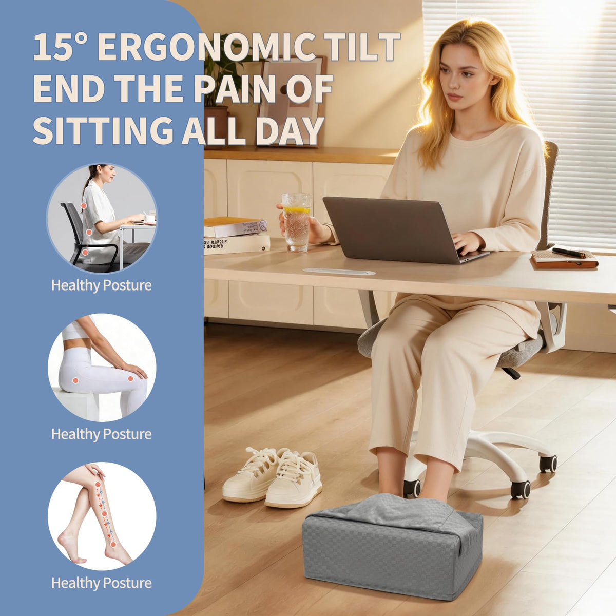 Nockovi Ergonomic Foot Rest for Under Desk at Work – 15° Tilt Angle Under Desk Footrest with High-Resilience Foam, Velvet Top & Non-Slip Base