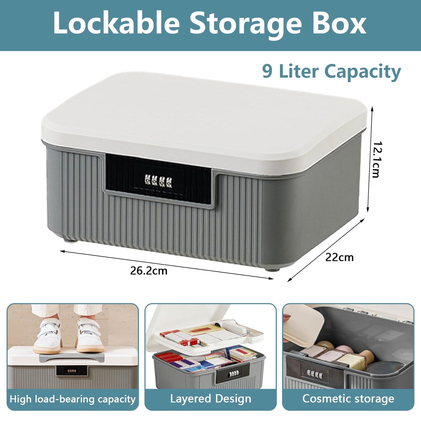2 Layer Lockable Medicine Storage Box, 9LMedicine Box with Combination Lock