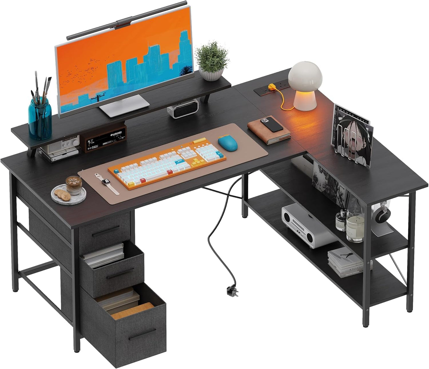 Xyphren Corner Computer Desk with Drawers, 140x80cm Reversible L Shaped Desk with Power Outlet, Home Office Desk with Monitor Stand and PC Stand