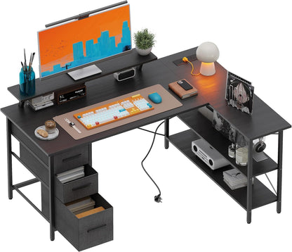 Xyphren Corner Computer Desk with Drawers, 140x80cm Reversible L Shaped Desk with Power Outlet, Home Office Desk with Monitor Stand and PC Stand