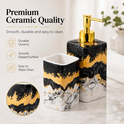 4 Piece Bathroom Accessories Set - Black and White Includes Lotion Dispenser, Toothbrush Holder Tumbler, and Soap Dish - Glossy Finish