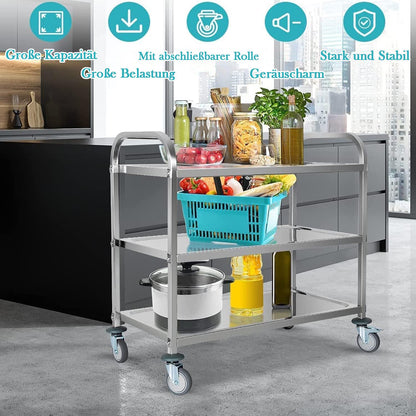 ybaymy Serving Trolley, Stainless Steel, 3 Shelves, 80 cm Height, Wheels with Brake, Food Trolley for Hotel Restaurant Kitchen