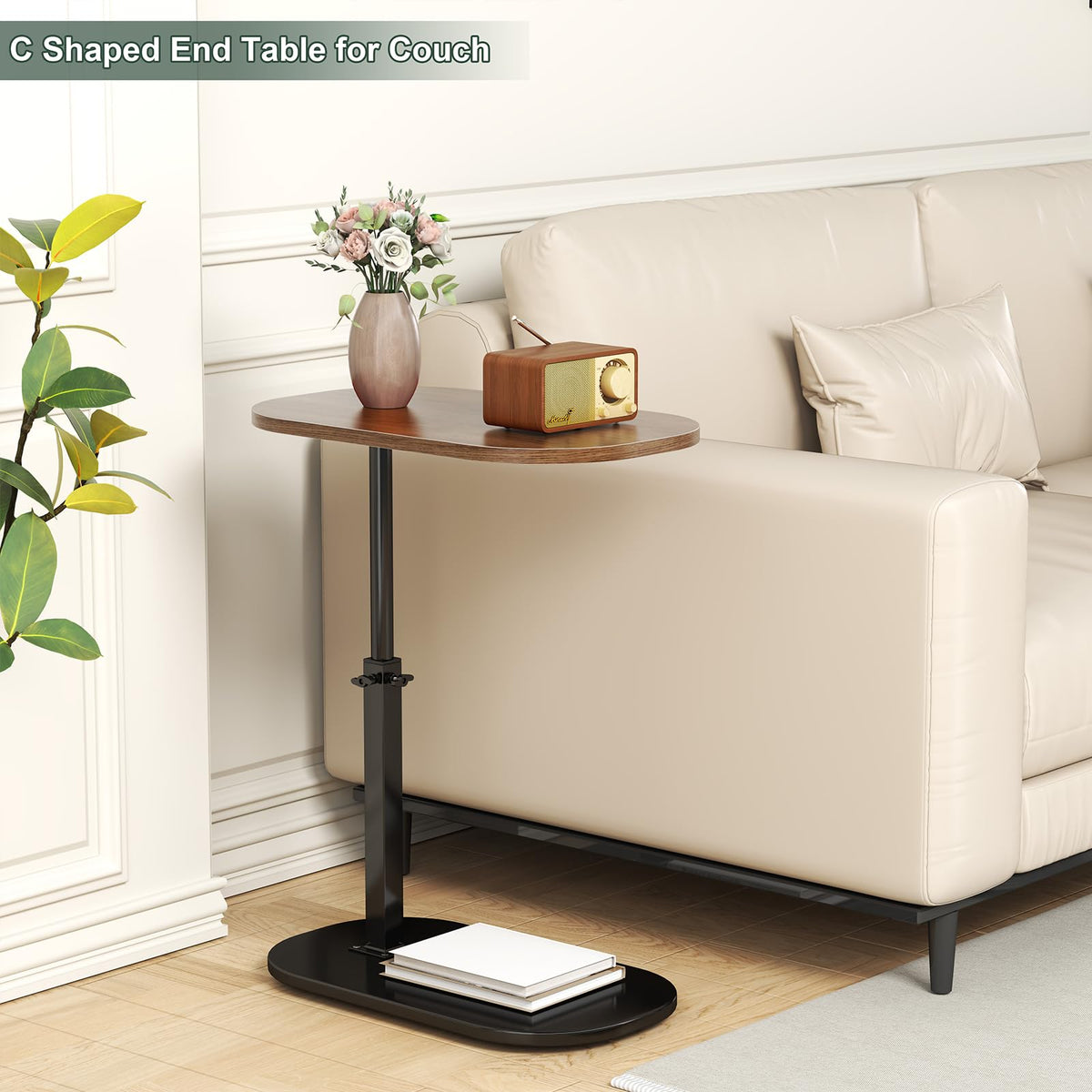 C Shaped Side Table Adjustable Height, 360°Swivel Sofa Side Table That Slide Under, Small Coffee End Table for Couch and Bedside