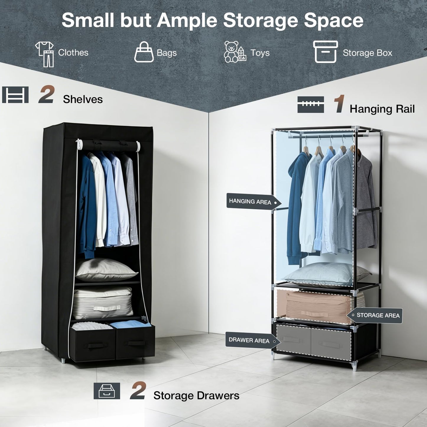 Single Canvas Wardrobe with 2 Drawers and Hanging Rail 160 x 59 x 43CM