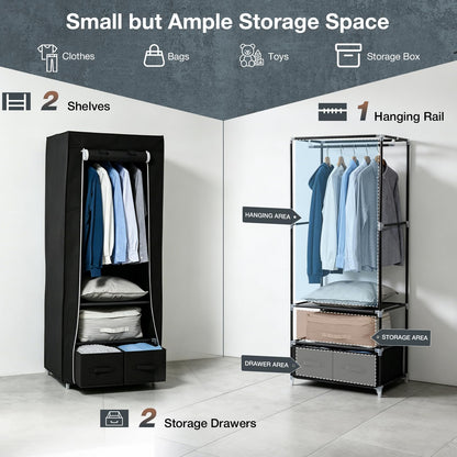 Single Canvas Wardrobe with 2 Drawers and Hanging Rail 160 x 59 x 43CM