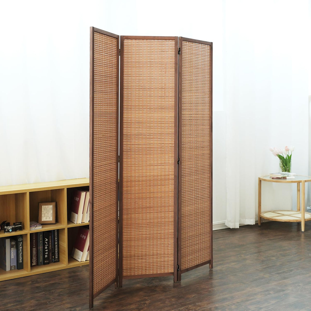 Furnnylane 3 Panel Bamboo Room Divider and Folding Panel Screen,Bamboo Panel Divider for Room Separation,Brown,170 cm H x 117 cm W