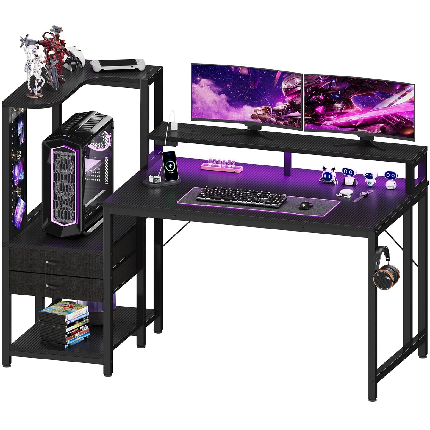 JUMMICO 140×70cm Gaming Desk with Pegboard & Built-in Power Outlet, Computer Desk with RGB LED Lights, 2 Fabric Drawers, Monitor Stand