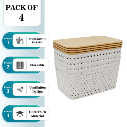 Sagittar Set of 4 Storage Boxes with Bamboo Lid, Plastic Storage Baskets, Imitation Rattan Baskets, Minimalist Storage Boxes for Desks, Coffee Tables