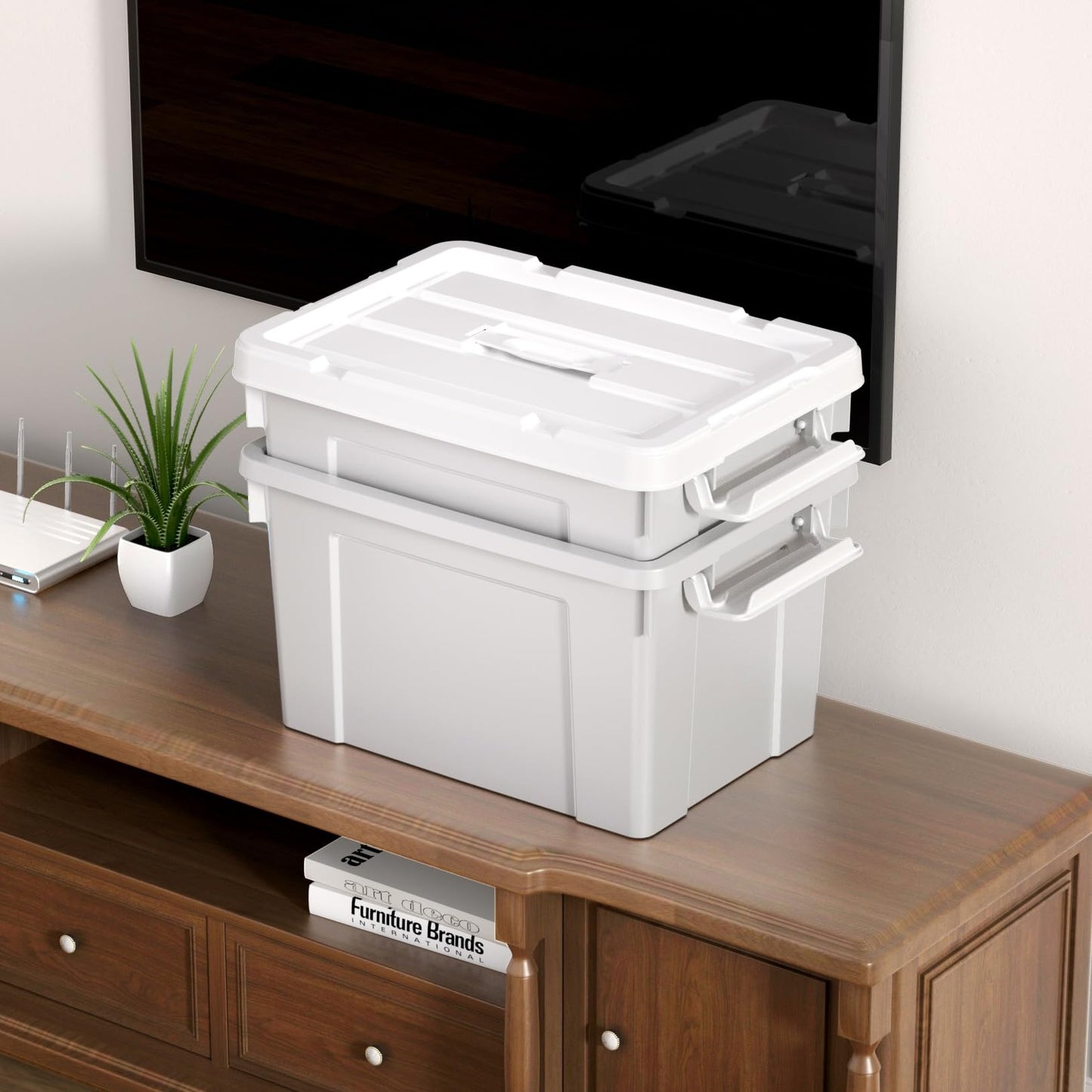 Cetomo 20L*4 Storage Boxes, Carry Plastic Storage Box with Lids, Organizing Container with Handle and Secure Latching Buckles, Stackable, Nestable