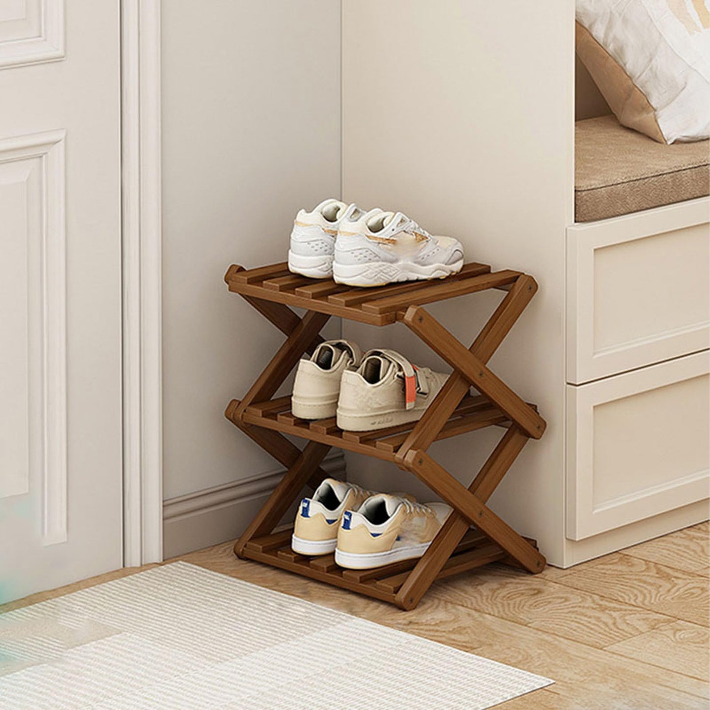 Kiss Me Bamboo Folding 3-Tier Narrow Shoe Rack No Installation Indoor Brown