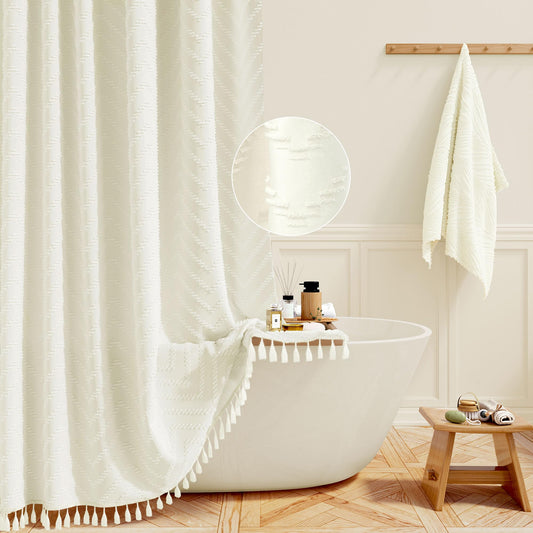 BTTN 92 x 182cm Boho Farmhouse Shower Curtain, Narrow Tufted Chevron Striped Tassel Shower Curtains with 6 Plastic Hooks, Weighted Hem and Waterproof,