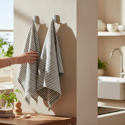 Eight Owls Stonewashed Linen Kitchen Dish Towels – 50 x 68 cm – 100% Pure Linen Tea Towel/Hand Towel - set of 2 (Charcoal Stripe)