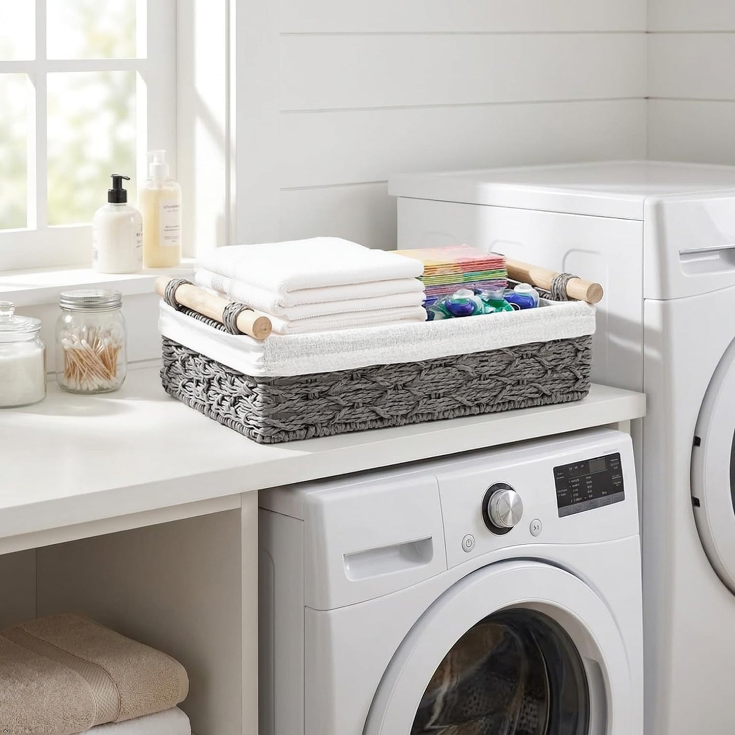 DUOER Storage Basket Wicker Baskets for Organizing Storage Bins for Countertop Toilet Paper Storage Basket for Toilet Tank Top (Set of 2,Grey)