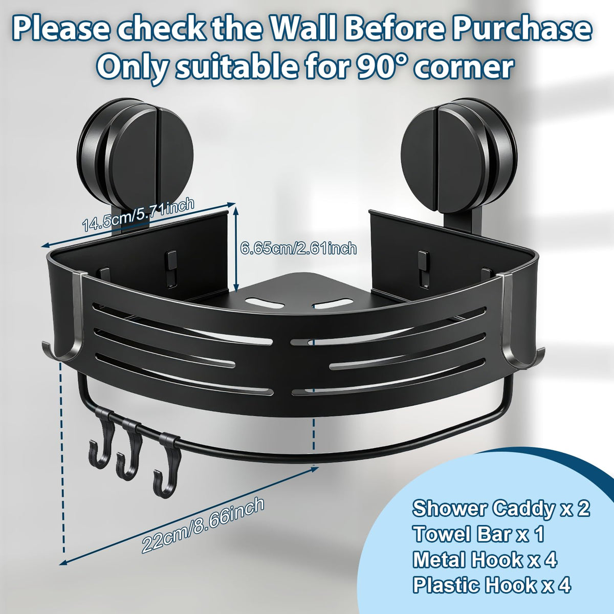 ZBXSNK 2Pcs Corner Shower Caddy, No Drilling Suction Cup Bathroom Corner Shelves, Shower Storage Shelf with Towel Bar & Hooks