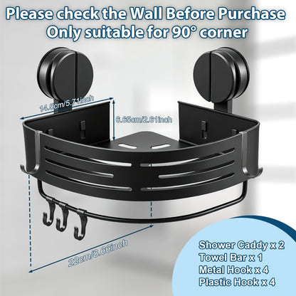 ZBXSNK 2Pcs Corner Shower Caddy, No Drilling Suction Cup Bathroom Corner Shelves, Shower Storage Shelf with Towel Bar & Hooks