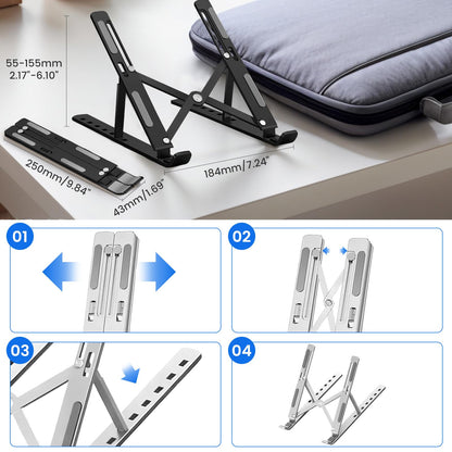 GrandMil Adjustable Laptop Stand for Desk – Foldable & Portable ABS+Silicone Riser, Ventilated Cooling Holder for 10-17.3” Laptops & Tablets (Black)