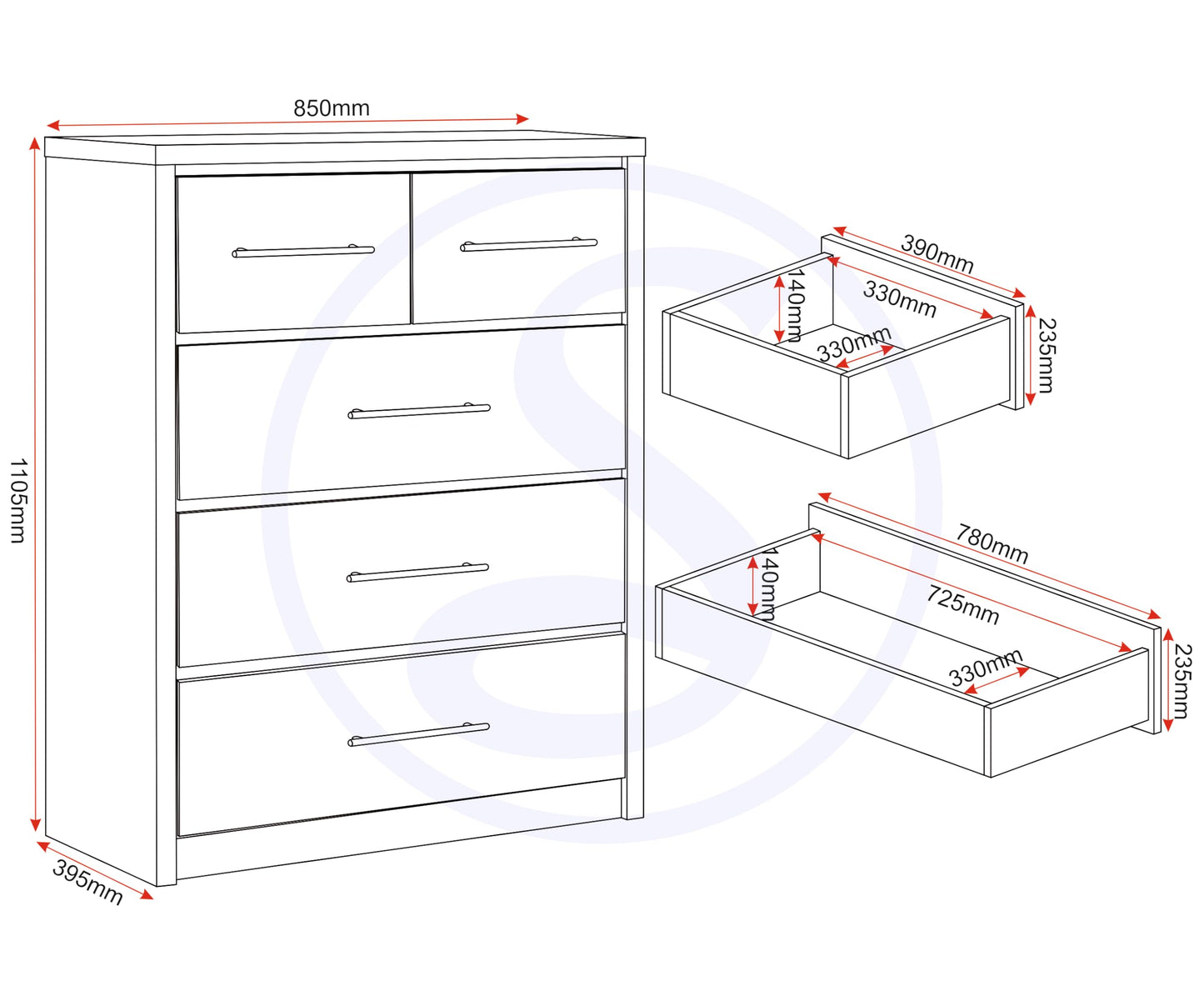 Seconique Seville 3+2 Drawer Chest in White Gloss/Light Oak Effect Veneer