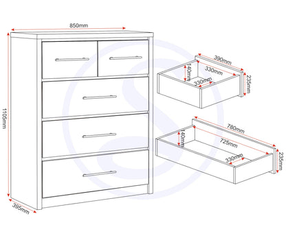 Seconique Seville 3+2 Drawer Chest in White Gloss/Light Oak Effect Veneer