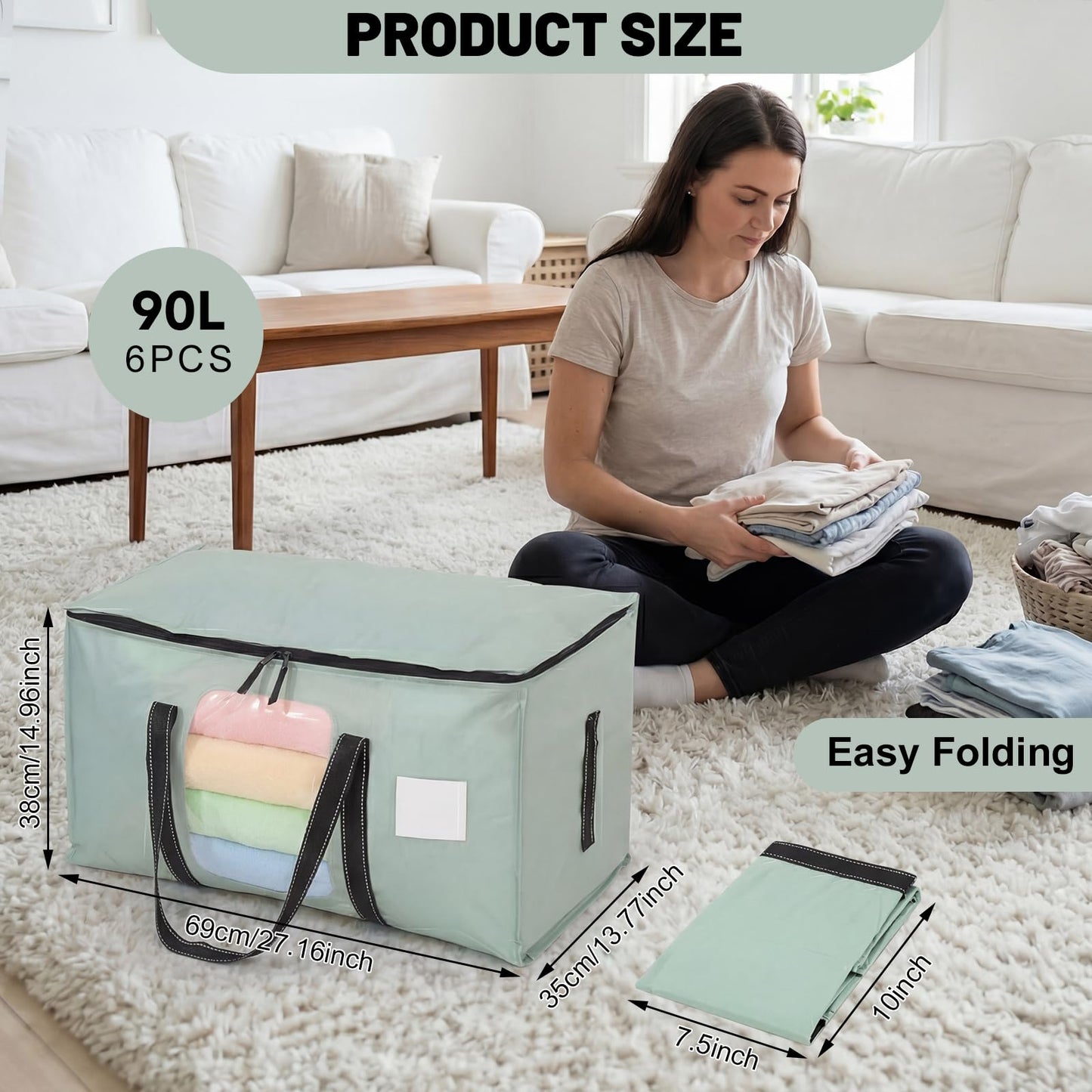 6 Pack 90L Moving Bags Clothes Storage Bags with View Window for Dorm,Green
