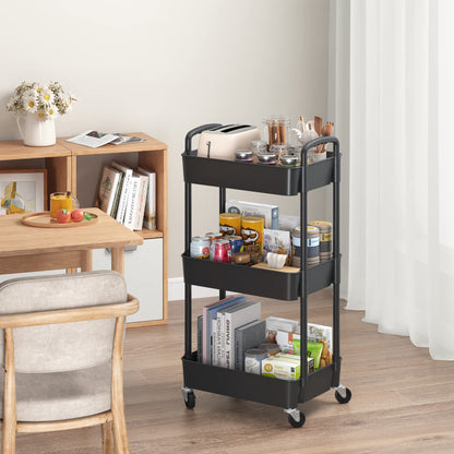 Sywhitta 3-tier Plastic Storage Trolley on Wheels, Kitchen Storage Utility Cart, Rolling Storage Rack for Bedroom, Bathroom, Office, Black