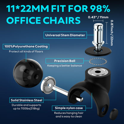 WEWILL Office Chair Castors, 11 x 22 mm Wheels for Office Chairs, Replacement Wheels for Office Chairs on Carpet and Parquet Floors
