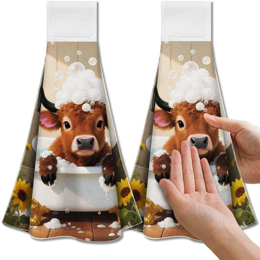 CUTHOLLOW Highland Cow Tea Towels for Kitchen with Loop, Set of 2 - Soft & Super Absorbent Microfiber Decorative Hanging Dish & Hand Towel, Tea,