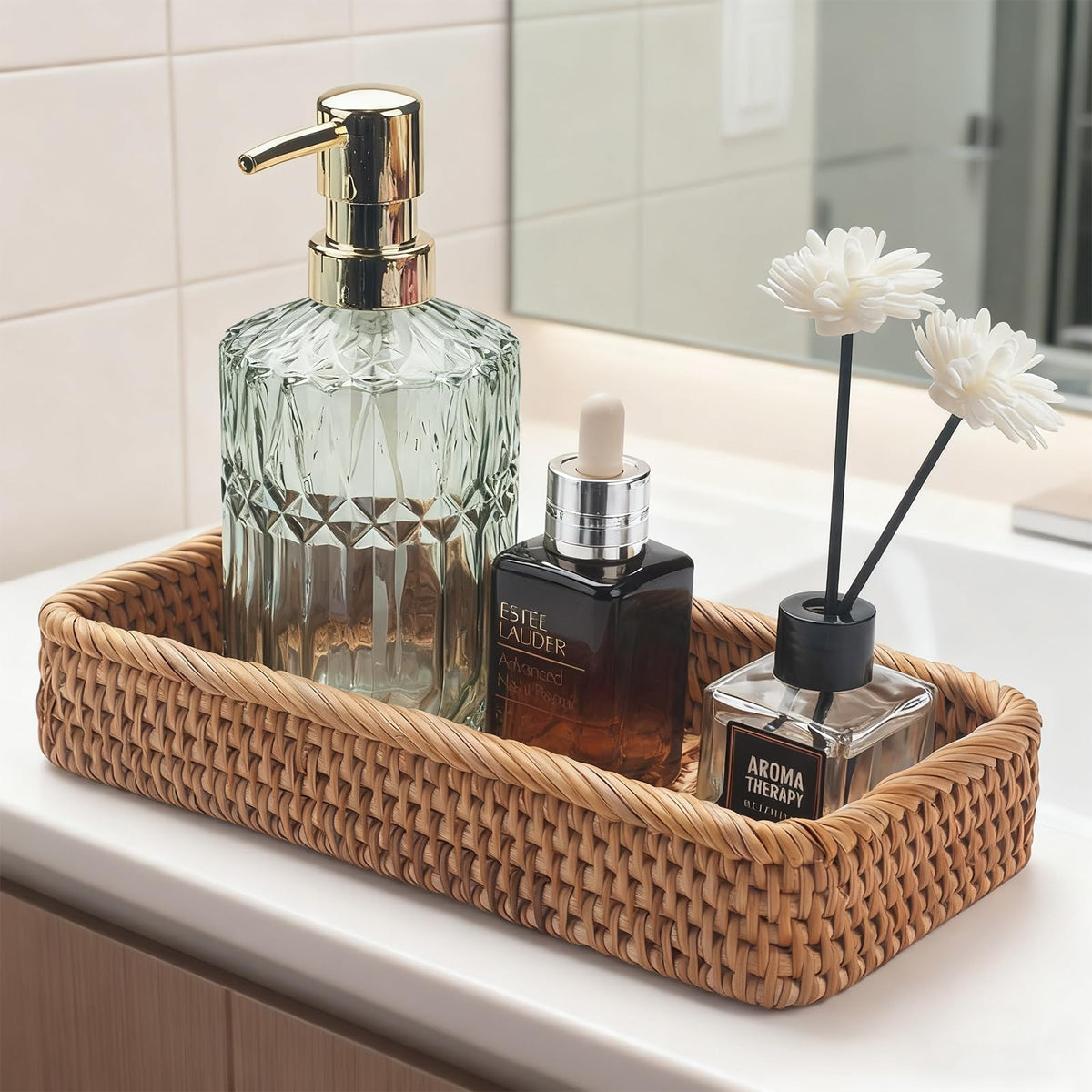 Alriedy 1 PCS Rattan Wicker Tray Basket Narrow Storage Tray Organizer, Rectangular Small Rattan Basket – Stylish Durable Organizer for Bathroom