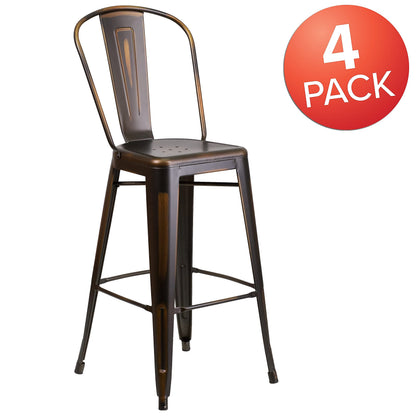 Flash Furniture Blake Commercial Grade 4 Pack 30" High Distressed Copper Metal Indoor-Outdoor Barstool with Back