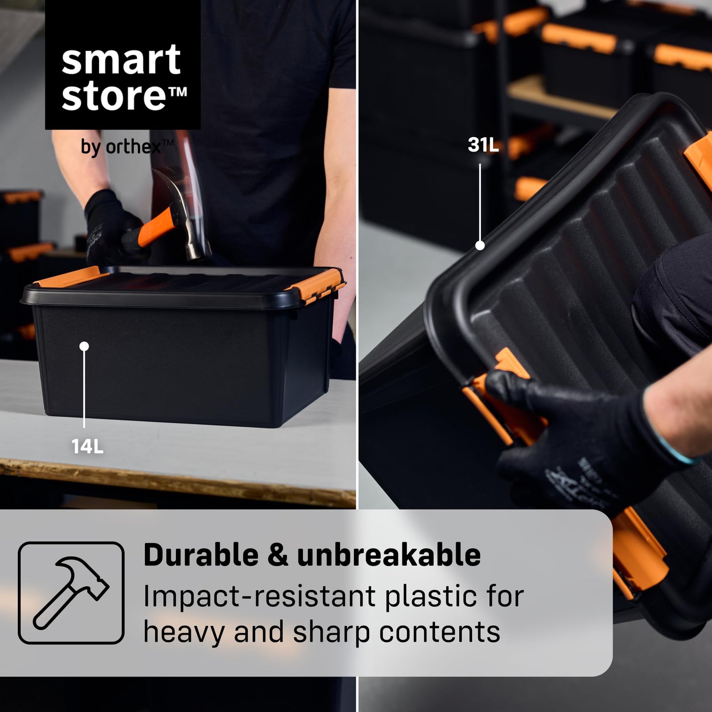 SmartStore extra-durable plastic storage boxes with lids | 14 L | 10-pack | Stackable bins with clip locks for tools, garage, or moving | BPA-free