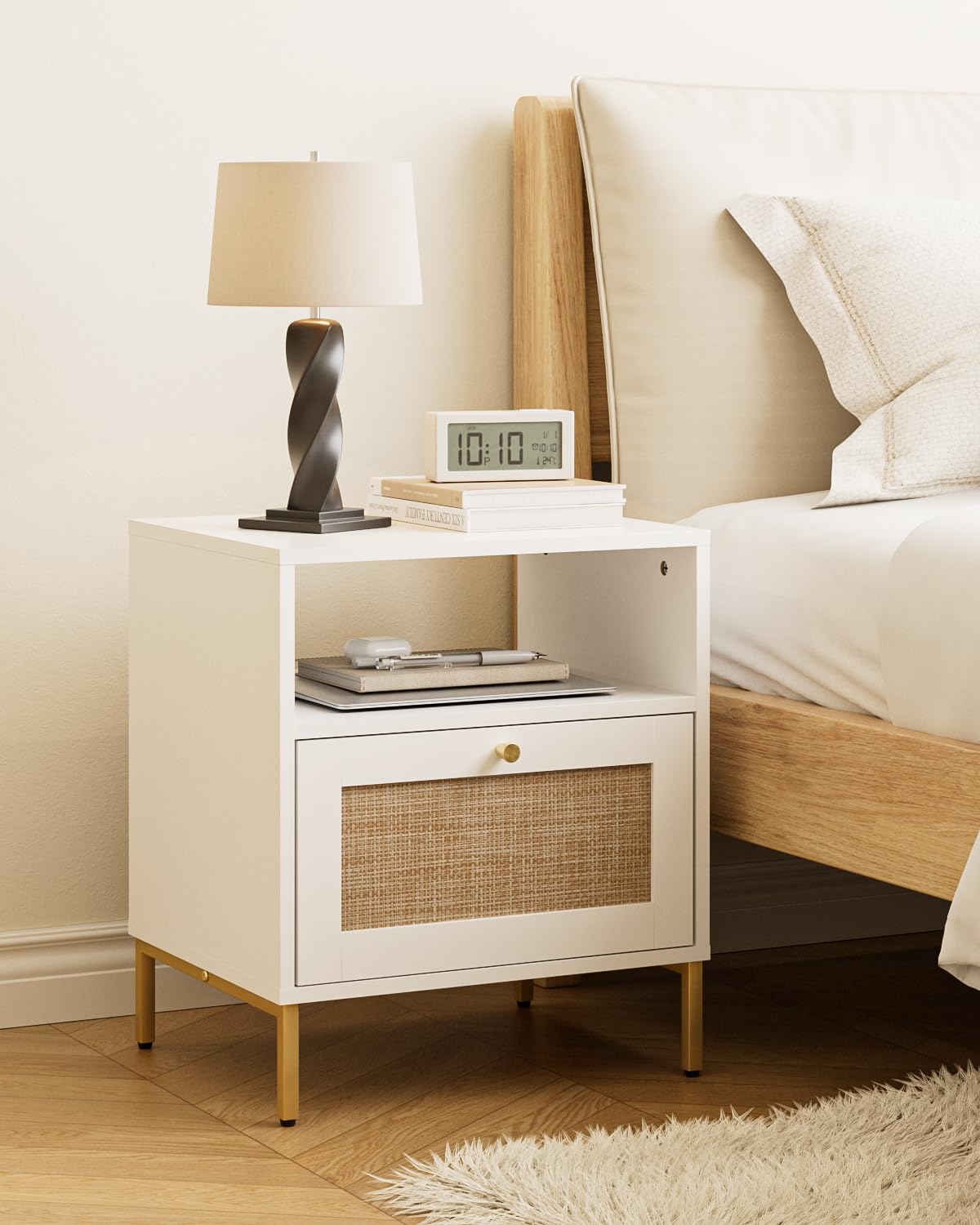Apetaccat Rattan Bedside Table, Wooden Bedside Table, White Boho Bedside Cabinet with Drawer and Open Shelf, 47 x 39 x 54 cm, for Bedroom, Living Room
