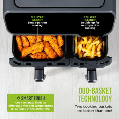 Tower T17099 Vortx 5.2L & 3.3L Eco Dual Basket Air Fryer with 8 One-Touch Pre-sets, 1700W, Black