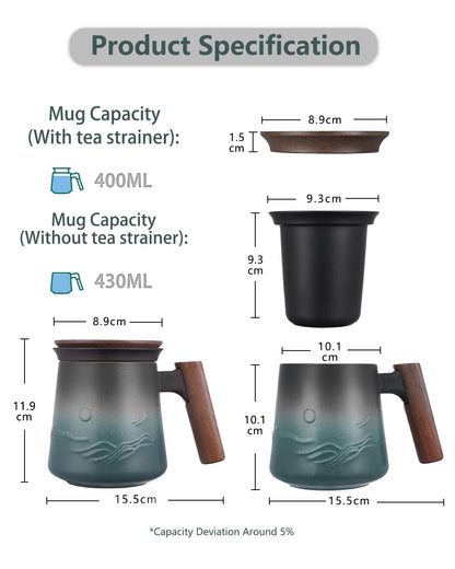 ZENS Tea Infuser Mug for Loose Tea Strainer, 430 ML Embossed Ceramic Tea Cup with Infuser for Hot Tea Diffusers, Wood Handle Loose Leaf Tea Mug Green