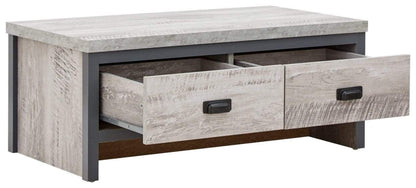 GFW Boston Grey Wood Effect Coffee Table, 2 Drawer Storage Coffee Table with Industrial Design and Chunky 30mm Top