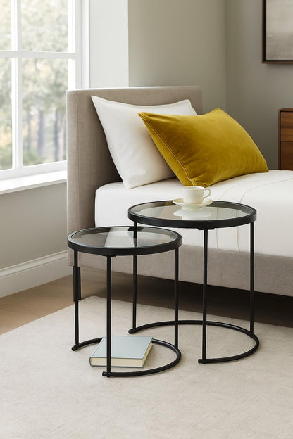 ASPECT Visio Set of 2 Round Nesting Table-Clear Glass Top/Black Frame (Clear/Black)