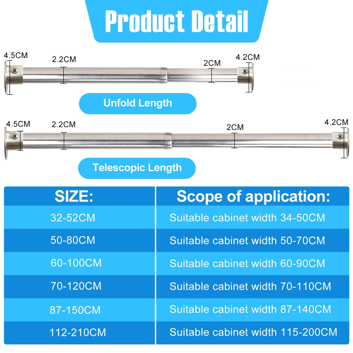 Wardlock 56-100cm Extendable Stainless Steel Wardrobe Rail, Adjustable Clothes Rail Pole With U Shaped End Sockets.