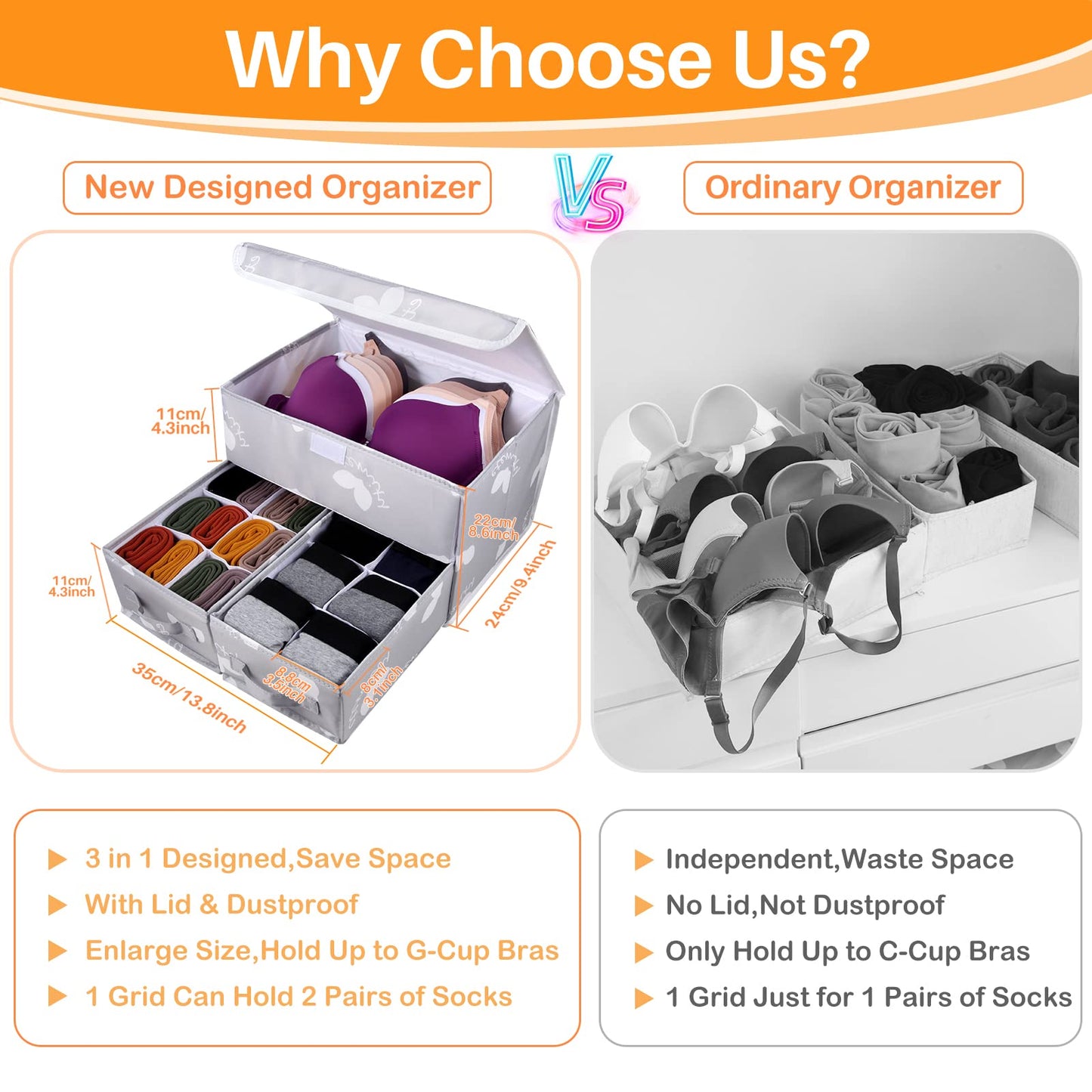 EASEVE 2 Pack Sock Underwear Drawer Organiser with Lid - Wardrobe Clothes Storage Boxes with Dividers, Foldable Fabric Closet Organizer for Bra, Sock