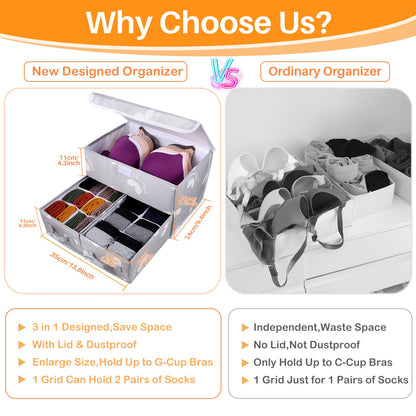 EASEVE 2 Pack Sock Underwear Drawer Organiser with Lid - Wardrobe Clothes Storage Boxes with Dividers, Foldable Fabric Closet Organizer for Bra, Sock